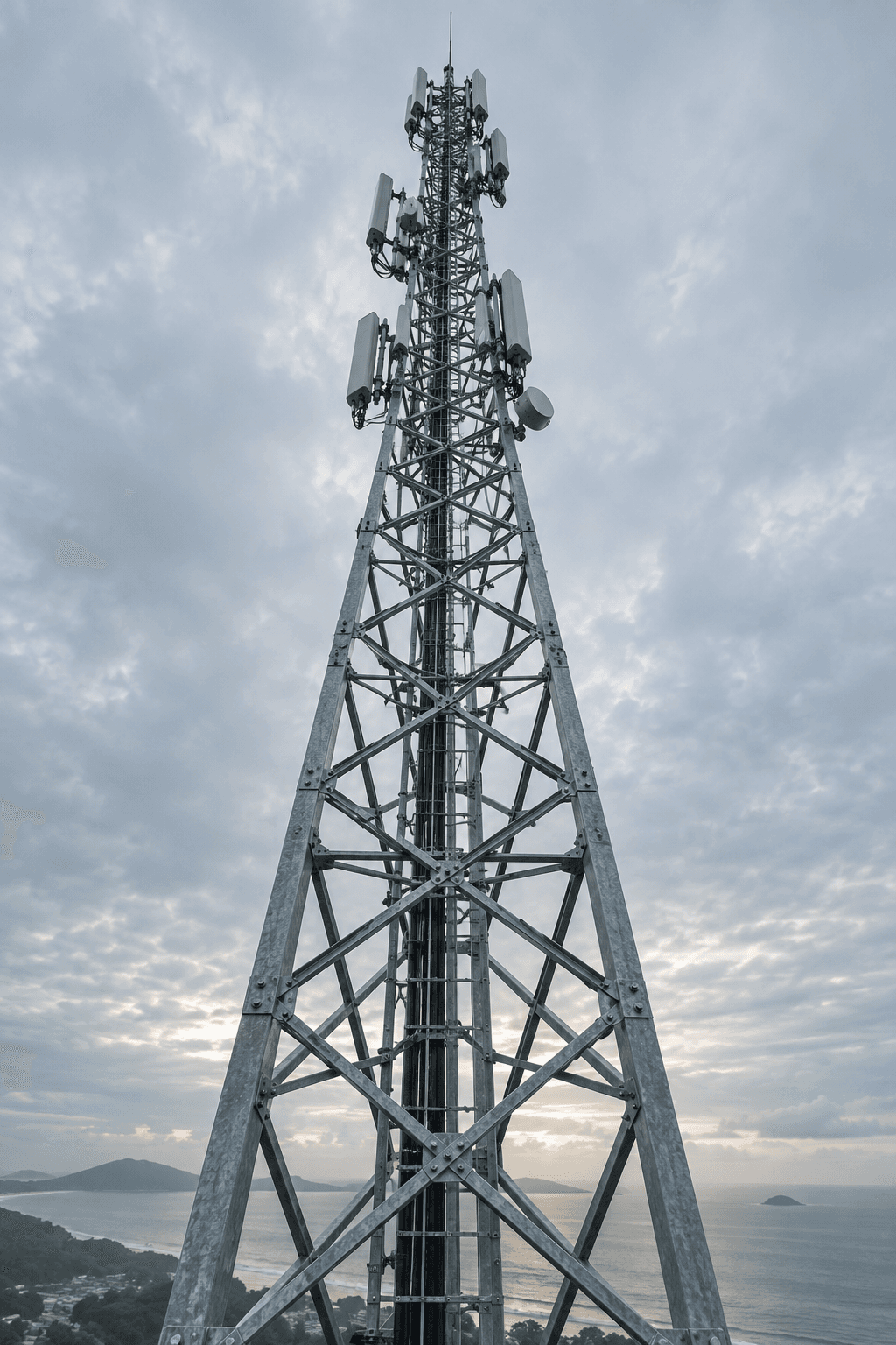 Estrutura metálica de uma torre vista de baixo, destacando suas linhas e conexões